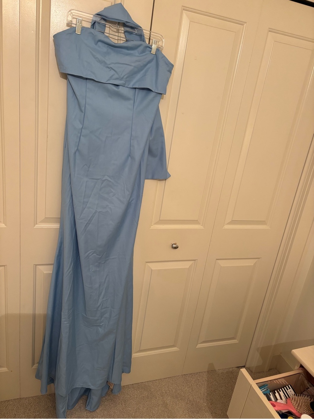 Elegant Strapless Light Blue Evening Gown with Fold-Over Bodice